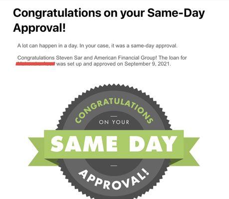 September 9th: Same-Day Approval!