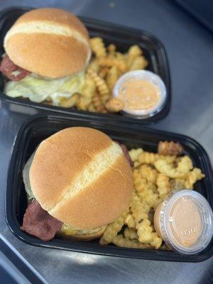 Our delicious 91/9 ground beef burgers with a side of French fries air fried