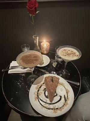 Signature and tiramisu martinis. Chocolate mousse cake