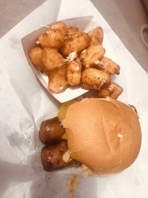 Double Brat sammy with cheese curds! Yuh Umm