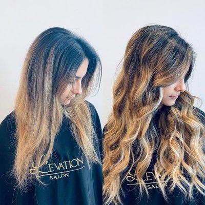 Before and after a color touch up and extension move-up session.