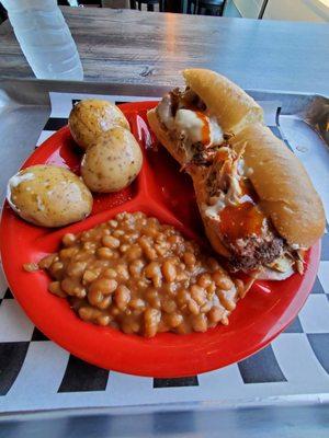 Cubano pulled pork / baked beans / butter soaked soft potatoes