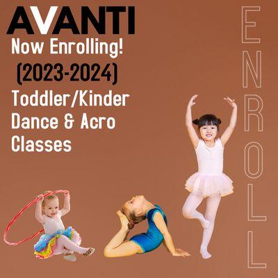 Classes for Ages 1.5-6
Mommy & Me 
Ballet-Tap 
Ballet-Jazz
Tiny Tumblers
Flip Hop
Broadway Babies