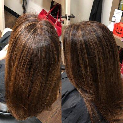 Caramel highlights on this beautiful brunette.