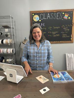 Owner Erica, of the wonderful Needles Studio in downtown Los Altos. A Great smile and she cares about her customers. Julie A