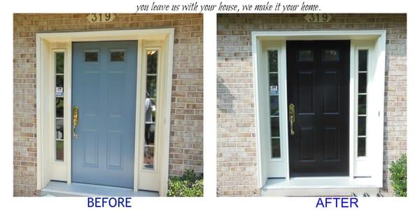 Before & After-Maryland. Exterior front door transformation. Paint all trim and front door.