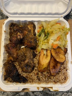 Jerk chicken, cabbage, plantains and rice & peas