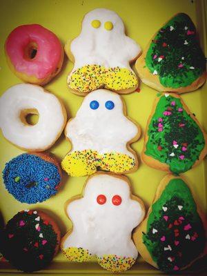 Colorful sprinkle donuts! Snowman and trees!