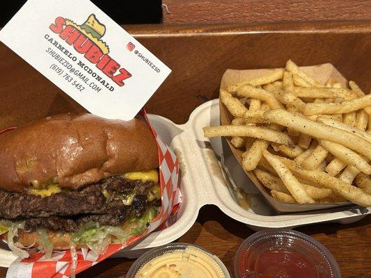 Shubiez Burger w/ extra patty and cajun fries