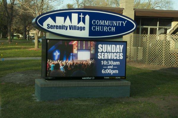 A Think Digital Signs sign completed in November for Serenity Village Church in Chrystal, MN