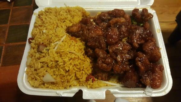 General Tso's Chicken combination plate with pork fried rice.