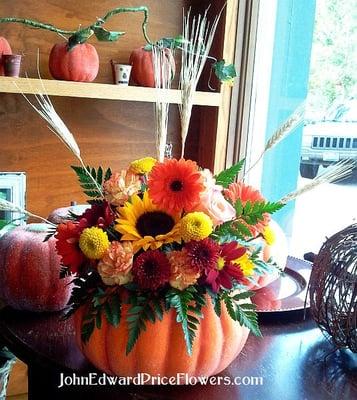 Fresh cut flowers in a sparkly fall pumpkin are sure to bring a warm smile on a chilly autumn day!