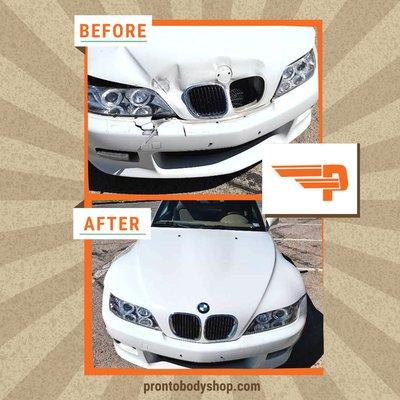 Here's a before and after picture of the miracles we make happen at our shop! Pronto Body Shop makes it happen!