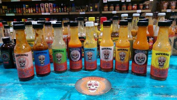 Some of our own Inferno Sauces on the tasting bar.