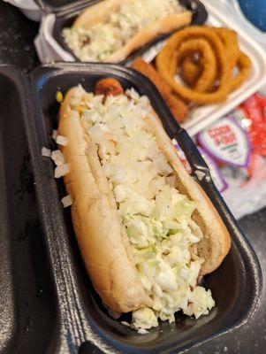 2 Dog Tray. Both hot dogs Cook Out Style (chili, slaw, mustard, onion). Sides: Onion rings and hush puppies. $9.37 before tax. $10.20 after.