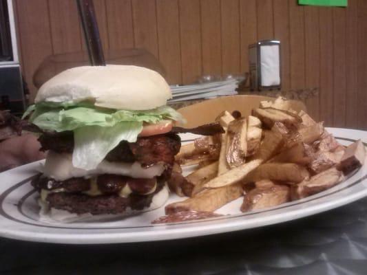 Super burger2half lb burgers 2dogs3bacon.cheese lg fries drink$7.50