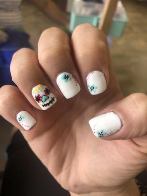 Gel nails with day of the dead design. Beautiful work by Tracy