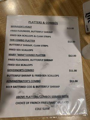 Platters and combos menu on seafood night (Fridays)