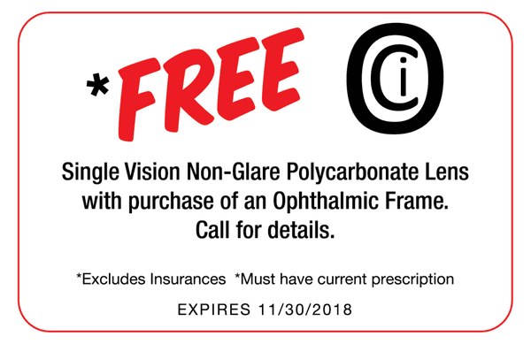 Coupon is now expired. Stay tuned for further deals! 
 
 *FREE Single Vision Non-Glare Polycarbonate Lens!  Expires 11/30/2018.