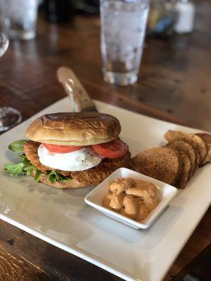 Food! Delicious Chorizo Burger, served with fresh tomatoes, urugula, and 2 eggs. Breaded Spanish potatoes and chipotle mayo. Only $6.99.