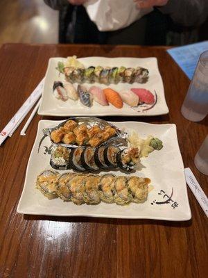 From bottom: lobster roll, spider roll, baked salmon, chef's choice nigiri and dragon roll