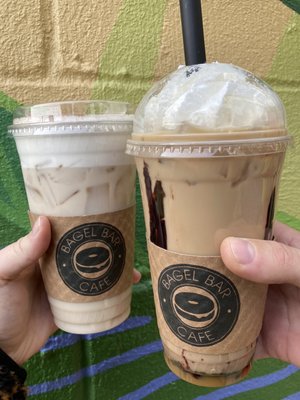 Snickerdoodle iced chai latte & caramel mocha iced latte