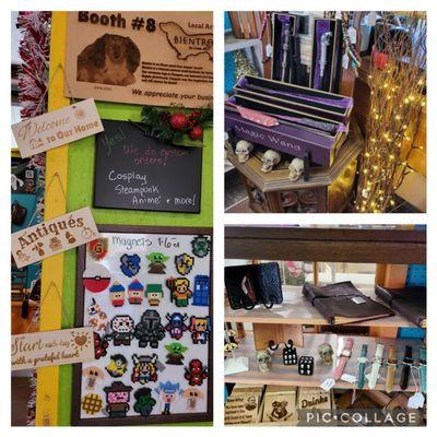 Magic wands, Perler bead magnets, engraved coasters, leather journals, and more