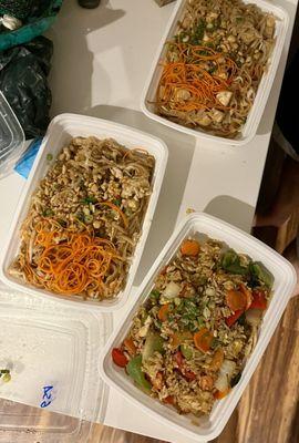 Top to bottom: Tofu pad Thai, chicken pad Thai, and basil fried rice