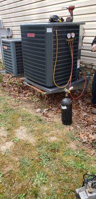 Nitrogen testing a new Goodman heat pump on install day.