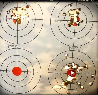 TL: AR10 Federal ammo at 300 yards.   TR: AR10 WhiteTail ammo at 300 yards.   BR: Desert Eagle and Colt 1911 .45s Magtech ammo  at 15yards.