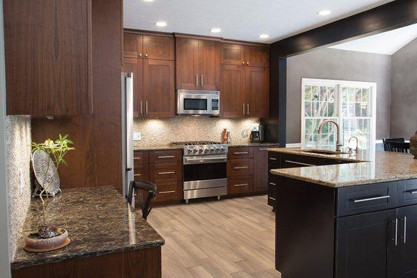 After: Cabinet refacing with Country Pine stain on Walnut perimeter and Distress Black island