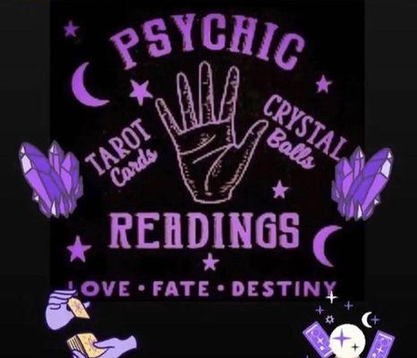 Readings
 
 Palm 
 tarot 
 Crystal ball 
 psychic energy 
 past life 
 Cleansing's
 Love & relationships 
 Spells & rituals
 Chakra & more