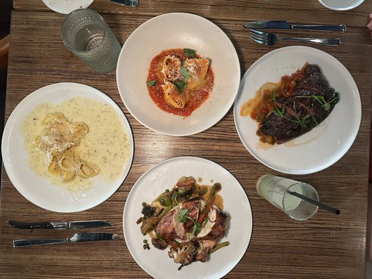 Almond tortellini steak, Bolognese and roasted chicken