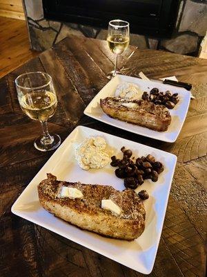 Reverse seared New York Strip steaks with potato salad and steak mushrooms - all found here.