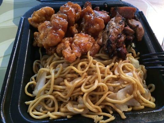 Sesame chicken, spicy honey chicken, and lo mein