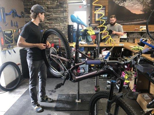 In the shop, getting ready for a ride!