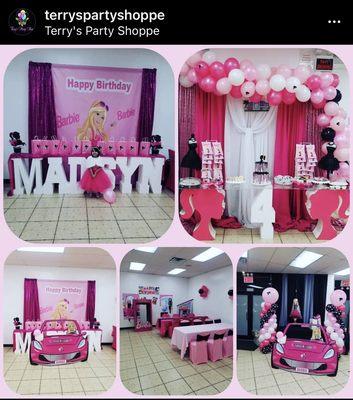 Barbie Themed Birthday Party 
Barbie Name/Number Treat Table, Balloons, Barbie Box, Table and Chair Covers, Backdrops