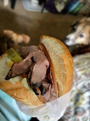 Roast Beef Sando w everything (plus 2 drooling dogs in the background)