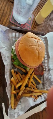 Fried Bologna and fries.