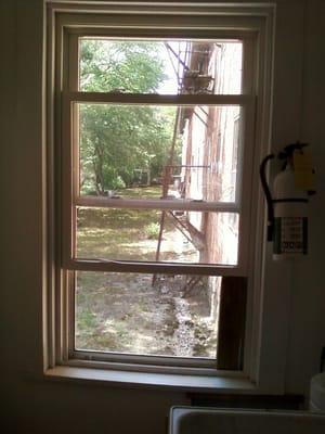 The bathroom window, looking out the back towards the strip of land by the river.