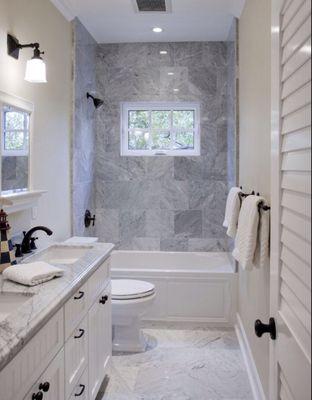 Small Bath Remodel with new Tub, Bathroom Vanity, Floor and Wall Tile.