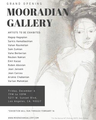 Grand Opening of Mooradian Gallery's New Location: Friday, December 6, 2019 (7pm-10pm). Located at 5211 W. Sunset Blvd, Los Angeles. 90027