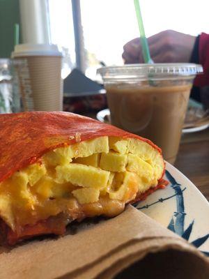 Breakfast burrito and oat milk iced latte