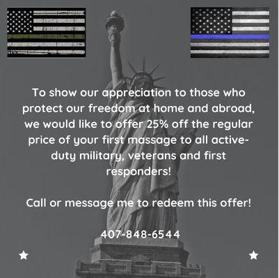 25% off massage for first time military, veterans, law enforcement customers