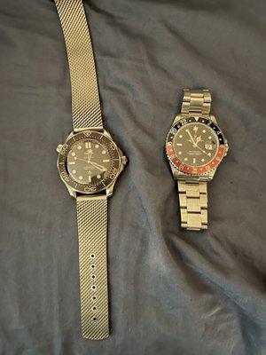 James Bond Omega on the left, compared to my Rolex GMT-Master II Coke on the right