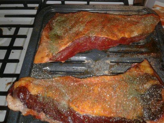 Tri tip organic grass fed beef seasoned and ready for the oven