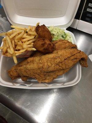 Fried Trout Fries Cole Slaw Hush Puppies