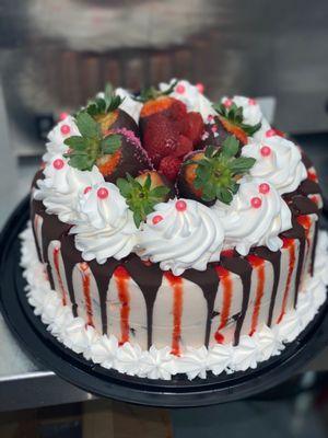 Large specialty chocolate covered strawberry cake