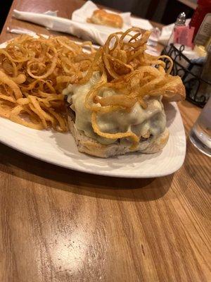 Mushroom burger and onion frizzles