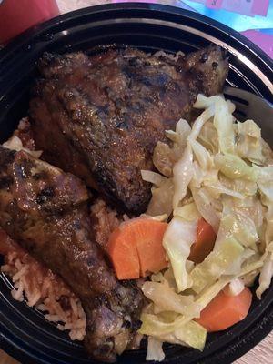 Jerk chicken with cabbage and rice